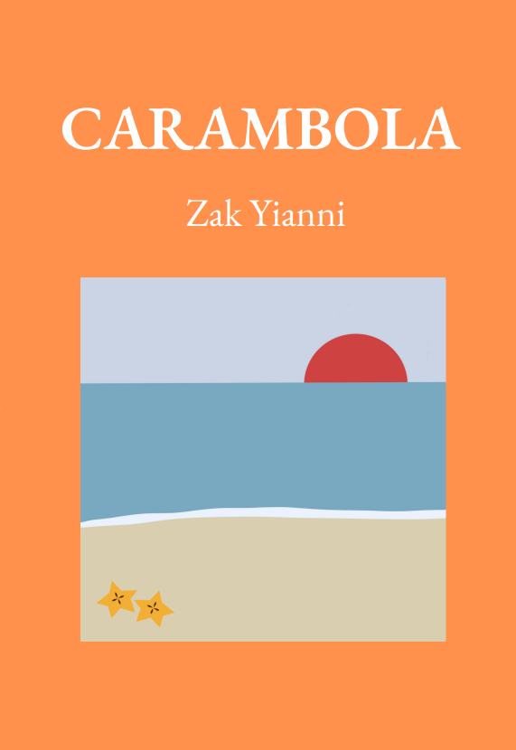 Carambola book cover by Zak Yianni, showing a sun over a sea and sandy shore
